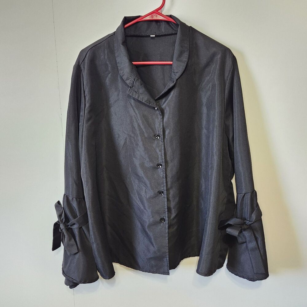 Black Satin Look Blouse Womens 3XL Tie Cuff Long Sleeve Relaxed Polyester Top
